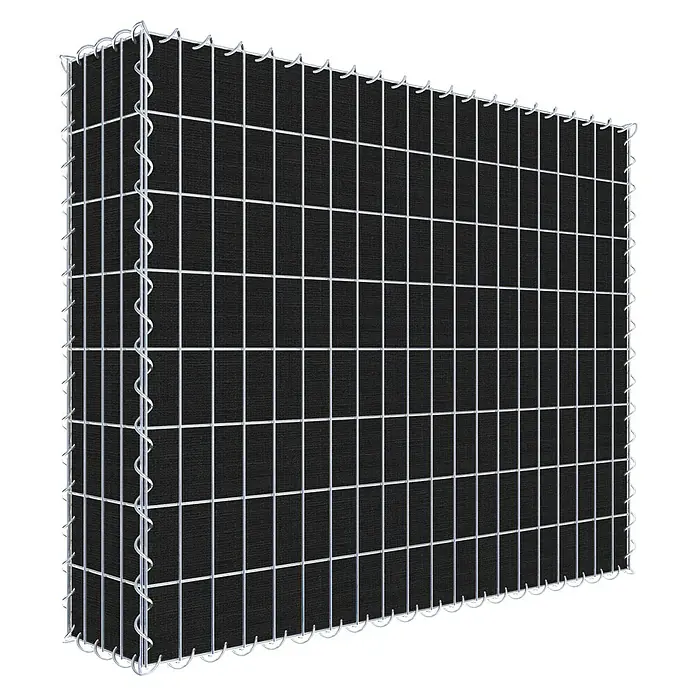 Gabiona Gabione - 100 x 20 x 80 cm, Maschenbreite: 5 cm, Maschenhöhe: 10 cm, Bepflanzbar - Eine Gabionenwand mit schwarzer Füllung und silbernem Drahtgitter, ideal als Sichtschutz oder zur Gartengestaltung.