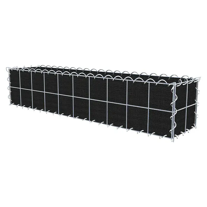 Gabiona Gabione - 100 x 20 x 20 cm, Maschenbreite: 10 cm, Maschenhöhe: 10 cm, Bepflanzbar - Ein langes, rechteckiges Gabionen-Element mit schwarzem Füllmaterial und Drahtgeflecht, das Stabilität und Ästhetik vereint.