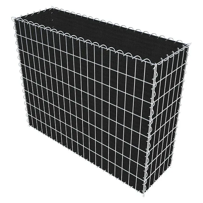 Gabiona Gabione - 100 x 30 x 80 cm, Maschenbreite: 5 cm, Maschenhöhe: 10 cm, Bepflanzbar - Nahaufnahme eines Gabionenkorbs, einer Drahtkonstruktion, die mit einem schwarzen Material gefüllt ist, ideal für den Gartenbau.