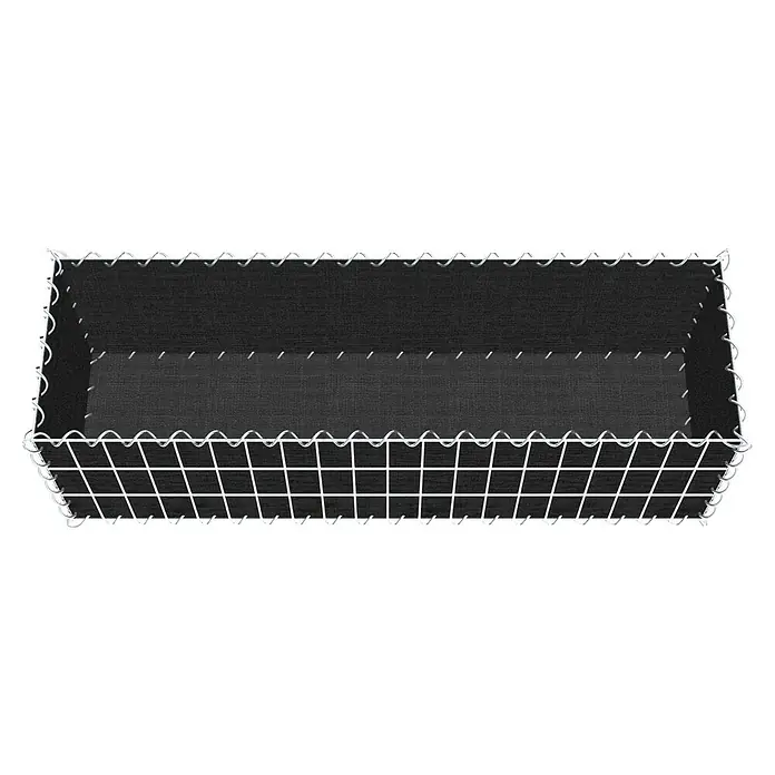 Gabiona Gabione - 100 x 30 x 30 cm, Maschenbreite: 5 cm, Maschenhöhe: 10 cm, Bepflanzbar - Draufsicht auf einen rechteckigen, mit schwarzem Stoff ausgekleideten Drahtkorb. Ideal für Organisation und Aufbewahrung.