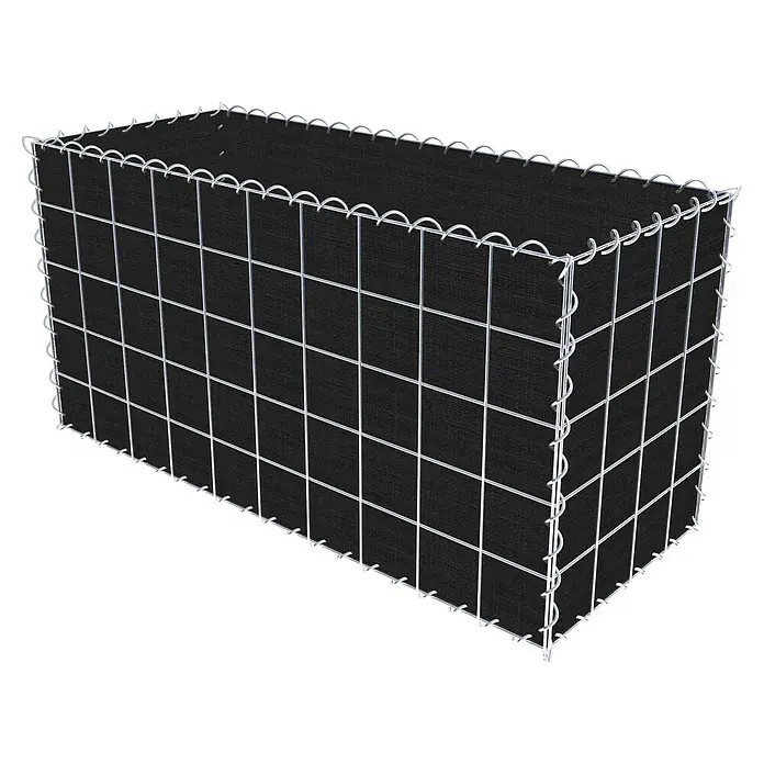 Gabiona Gabione - 100 x 40 x 50 cm, Maschenbreite: 10 cm, Maschenhöhe: 10 cm, Bepflanzbar - Ansicht eines Gabionen-Hochbeets mit Maschen und einer schwarzen Folie. Ideal für den Gartenbau und die Gartendekoration.