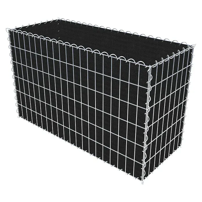 Gabiona Gabione - 100 x 40 x 60 cm, Maschenbreite: 5 cm, Maschenhöhe: 10 cm, Bepflanzbar - Ein rechteckiger Gabionenkorb mit Drahtgitter und schwarzem Stoffeinsatz für den Garten- und Landschaftsbau.