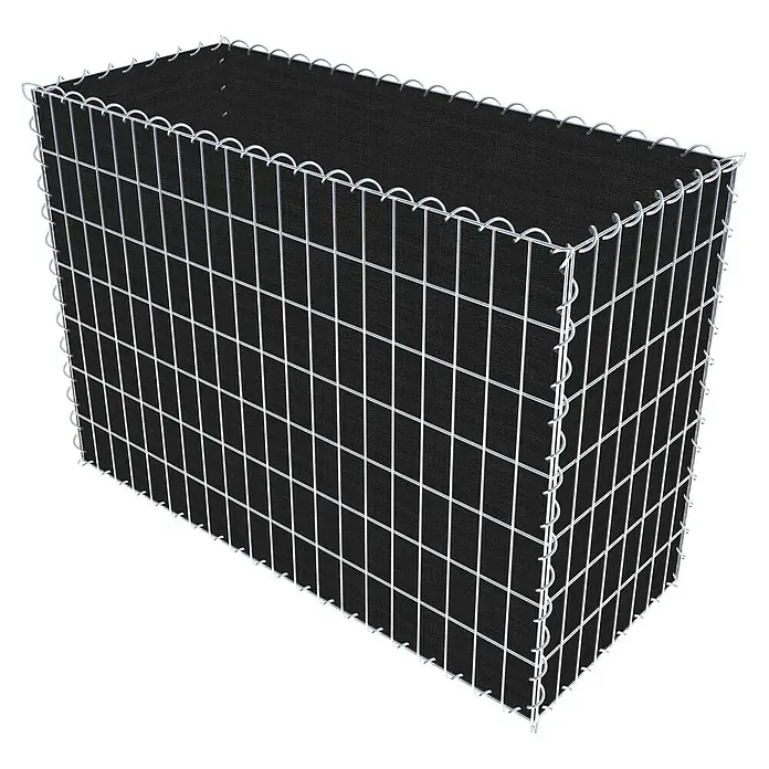 Gabiona Gabione - 100 x 40 x 70 cm, Maschenbreite: 5 cm, Maschenhöhe: 10 cm, Bepflanzbar - Abbildung eines Gabionenkastens mit schwarzer Füllung und einem Drahtgitter, der sich ideal für den Garten- und Landschaftsbau eignet.
