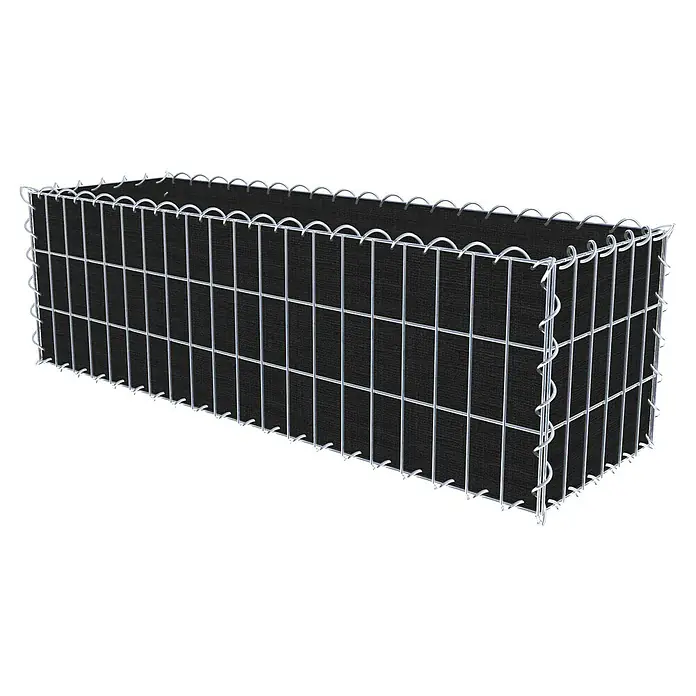 Gabiona Gabione - 100 x 30 x 30 cm, Maschenbreite: 5 cm, Maschenhöhe: 10 cm, Bepflanzbar - Ein rechteckiger Gabionen-Pflanzkasten mit Drahtgitterstruktur und schwarzer Auskleidung, ideal für den Garten- und Landschaftsbau.