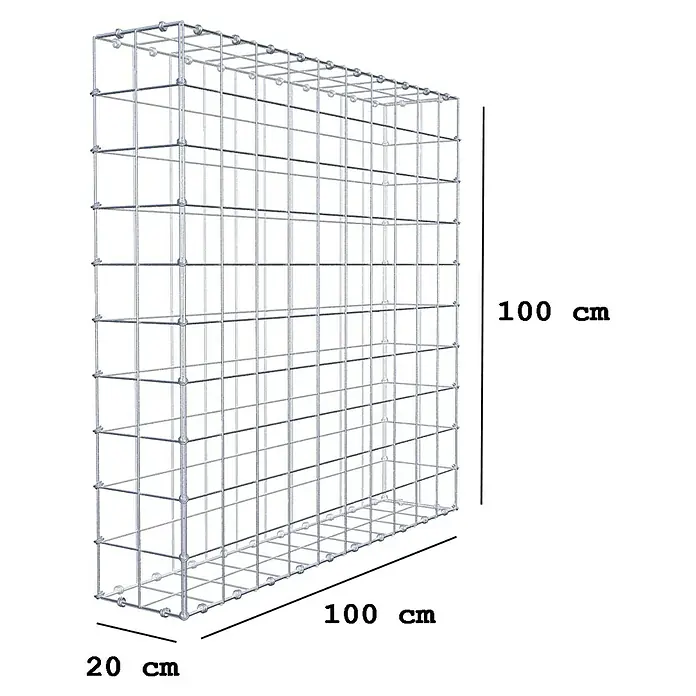 Gabiona Gabione - 100 x 20 x 100 cm, Maschenbreite: 10 cm, Maschenhöhe: 10 cm - Abbildung eines Gabionenkorbs mit den Maßen 100 x 100 x 20 cm. Er ist aus Metall gefertigt und leer.