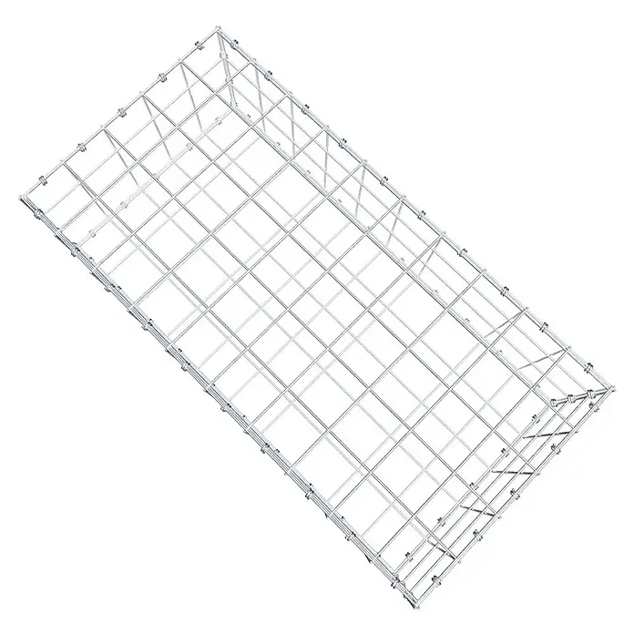 Gabiona Gabione - 100 x 50 x 30 cm, Maschenbreite: 10 cm, Maschenhöhe: 10 cm - Das Bild zeigt ein rechteckiges, drahtförmiges Metallgestell mit einem regelmäßigen Gittermuster, das sich für verschiedene Anwendungen eignet.