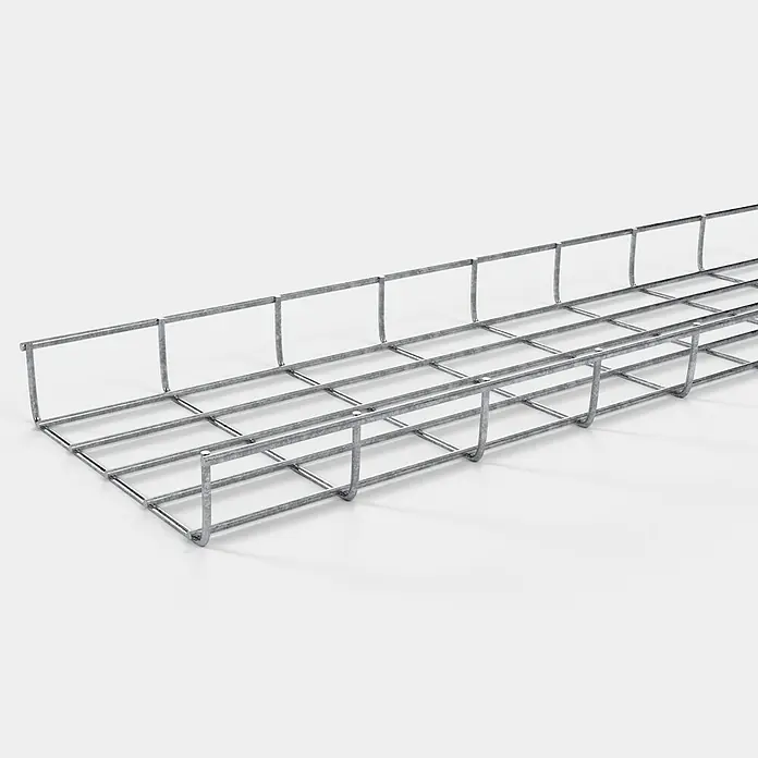 Gabiona Rankgitter - L x B x H: 23 x 5 x 110 cm, Silber, Stahl, Maschenbreite: 5 cm, Maschenhöhe: 10 cm - Draufsicht eines Kabelträgers aus Metalldrahtgeflecht für die Montage an der Decke zur Kabelführung in Industriegebäuden.