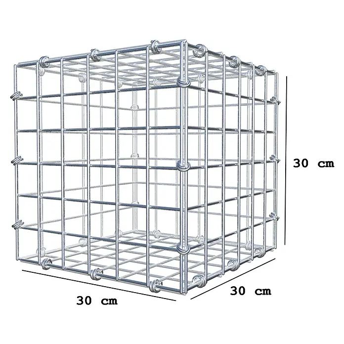 Gabiona Gabione - 30 x 30 x 30 cm, Maschenbreite: 5 cm, Maschenhöhe: 5 cm - Abbildung eines 30 cm großen Gabionen-Würfels aus Drahtgeflecht mit Knotenpunkten.