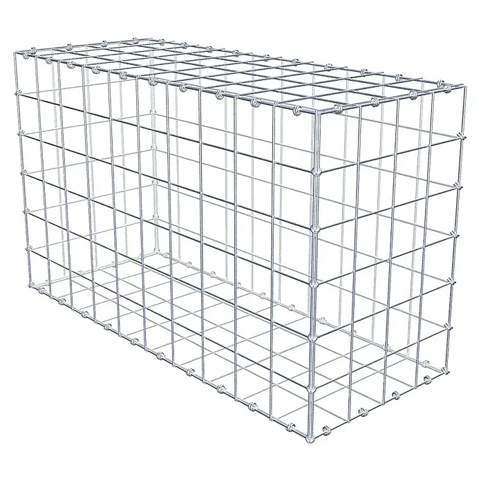 Gabiona Gabione - 100 x 40 x 60 cm, Maschenbreite: 10 cm, Maschenhöhe: 10 cm - Ansicht eines Gabionenkorbs aus Drahtgeflecht, verwendet zur Stützung von Hängen und Ufern oder als dekoratives Element im Garten.
