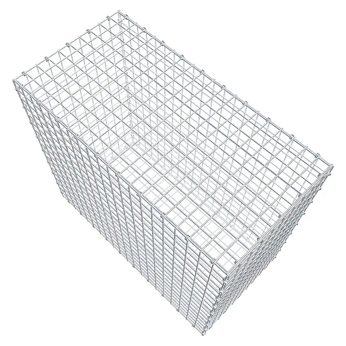 Gabiona Gabione - 100 x 50 x 90 cm, Maschenbreite: 5 cm, Maschenhöhe: 5 cm - Das Bild zeigt eine perspektivische Ansicht eines Gabionenkorbs aus Drahtgeflecht, der für den Garten- und Landschaftsbau verwendet wird.