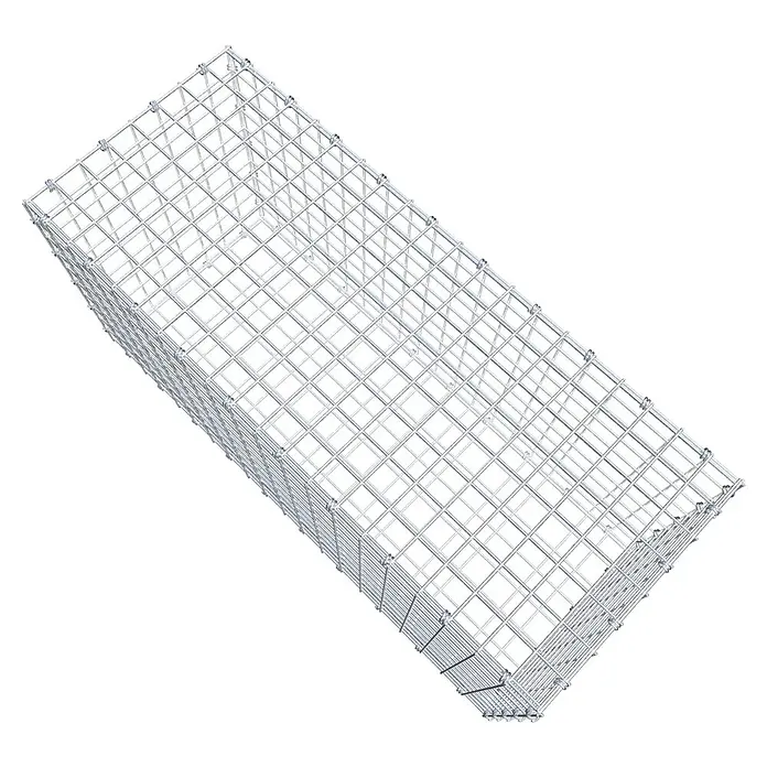 Gabiona Gabione - 100 x 40 x 50 cm, Maschenbreite: 5 cm, Maschenhöhe: 5 cm - Draufsicht auf eine Gabionenstruktur, bestehend aus einem rechteckigen Drahtgeflecht, das Stabilität und Festigkeit für verschiedene Anwendungen bietet.