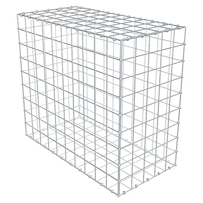 Gabiona Gabione - 100 x 50 x 90 cm, Maschenbreite: 10 cm, Maschenhöhe: 10 cm - Ein detailreiches Bild eines leeren Gabionenkorbs, ideal für den Einsatz im Garten- und Landschaftsbau. Die Drahtstruktur ist deutlich sichtbar.
