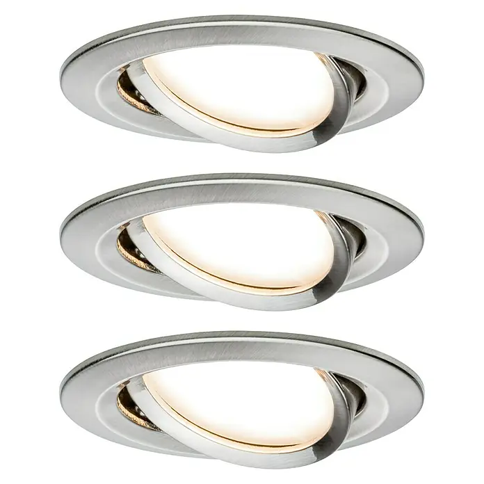 Paulmann Nova LED-Einbauleuchten-Set - 6,5 W, 3 Stk., Warmweiß, 8,4 cm, Eisen gebürstet - Nahaufnahme von drei runden, silbernen LED-Deckenspots, die Licht ausstrahlen, mit einer gebürsteten Metalloberfläche.