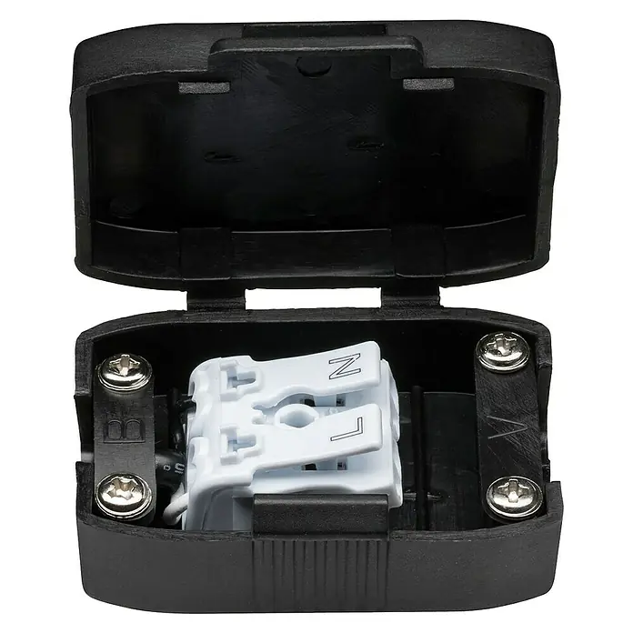 Paulmann LED-Einbauleuchte Nova - 6,5 W, Aluminium, Warmweiß, Leuchtenkopf beweglich - Nahaufnahme einer geöffneten schwarzen Anschlussdose mit weißem Anschlussblock und Schrauben, ideal für Elektroinstallationen.