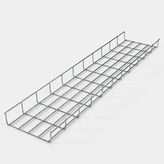 Gabiona Rankgitter - L x B x H: 23 x 5 x 110 cm, Silber, Stahl, Maschenbreite: 5 cm, Maschenhöhe: 10 cm - Draufsicht auf eine Kabelrinne aus Metalldraht, die sich ideal für die Organisation und Führung von Kabeln in Industrie- und Gewerbeumgebungen eignet.