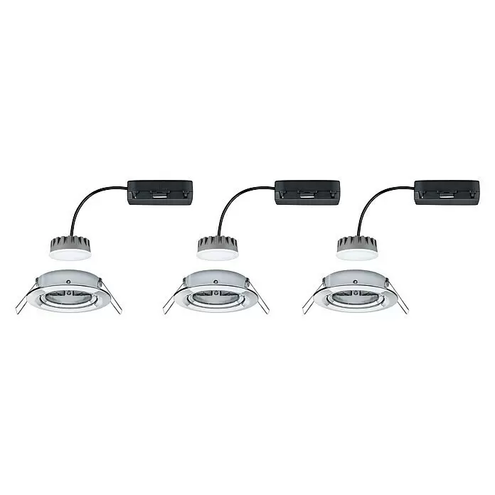 Paulmann Downlight LED empotrable Nova Plus Coin orientables - 6,8 W, Cromo, Diámetro: 8,4 cm - Conjunto de tres focos LED empotrables plateados con superficies de luz blancas, disipadores grises, cables negros y controladores externos negros.