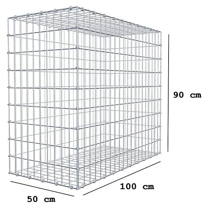 Gabiona Gabione - 100 x 50 x 90 cm, Maschenbreite: 5 cm, Maschenhöhe: 10 cm - Bild einer Gabione mit den Maßen 50x100x90 cm, dargestellt in einer klaren, technischen Ansicht. Sie zeigt die robuste Bauweise des Drahtkorbs.