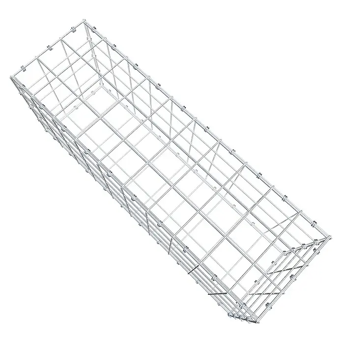 Gabiona Gabione - 100 x 30 x 40 cm, Maschenbreite: 10 cm, Maschenhöhe: 10 cm - Ansicht eines rechteckigen, dreidimensionalen Drahtkorbs, der eine solide und doch luftige Struktur aufweist, perfekt für Lagerung oder Präsentation.