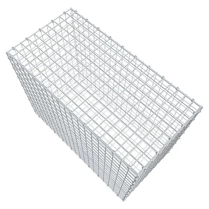 Gabiona Gabione - 100 x 50 x 80 cm, Maschenbreite: 5 cm, Maschenhöhe: 5 cm - Gitterbox für Steine oder andere Materialien. Die Gitterbox ist leer und hat eine rechteckige Form.