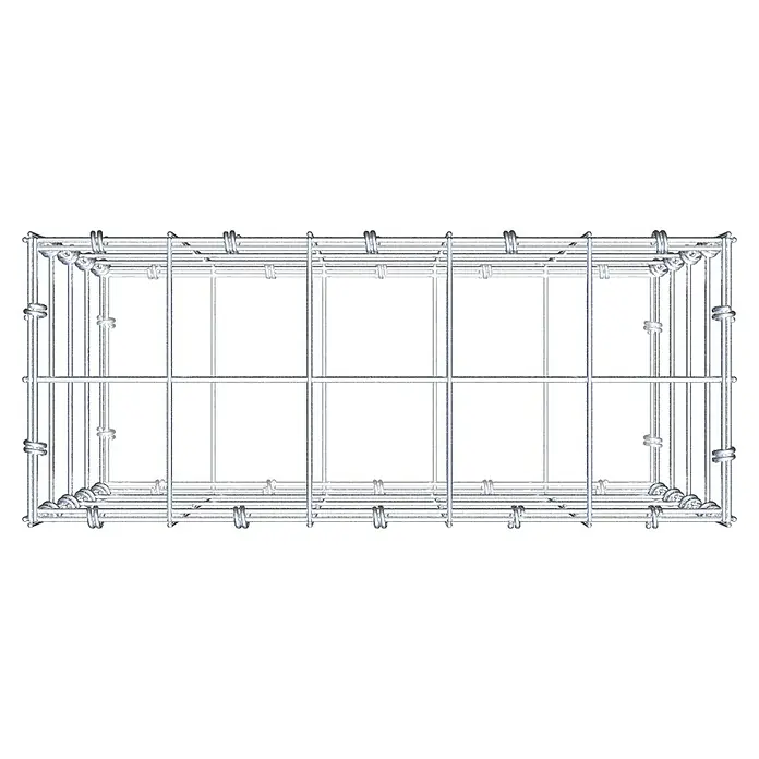 Gabiona Gabione - 50 x 20 x 40 cm, Maschenbreite: 10 cm, Maschenhöhe: 10 cm - Abbildung eines leeren Drahtkorbs. Der Korb ist rechteckig mit Drahtverstrebungen, ideal für Lagerung und Organisation.