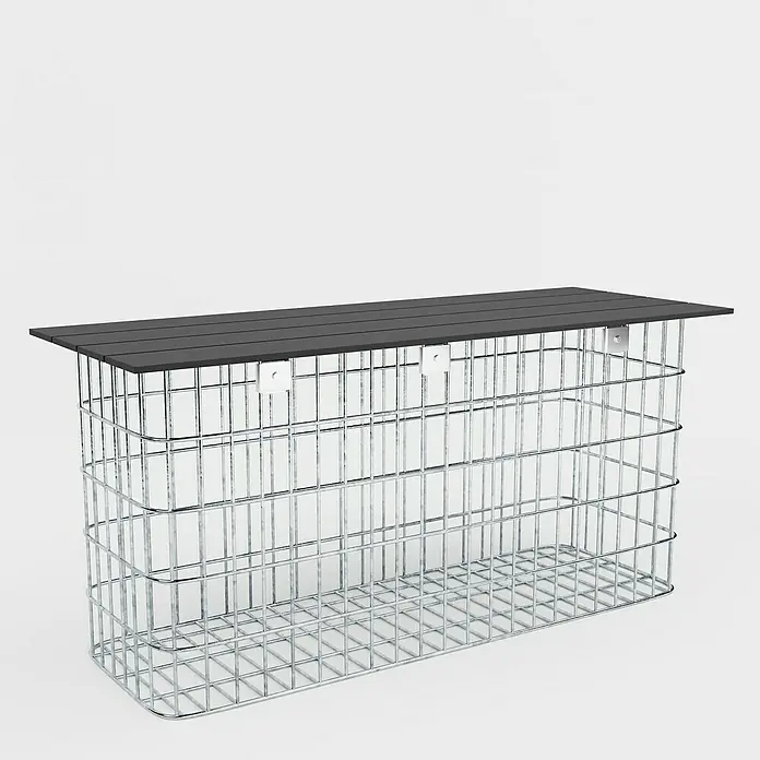 Gabiona Gabionenbank - 102 x 32 x 50 cm, Maschenbreite: 5 cm, Maschenhöhe: 10 cm - Aufnahme eines Gabionen-Tisches mit einer dunklen Holzplatte und einem Drahtgeflecht-Untergestell, ideal für den Außenbereich.
