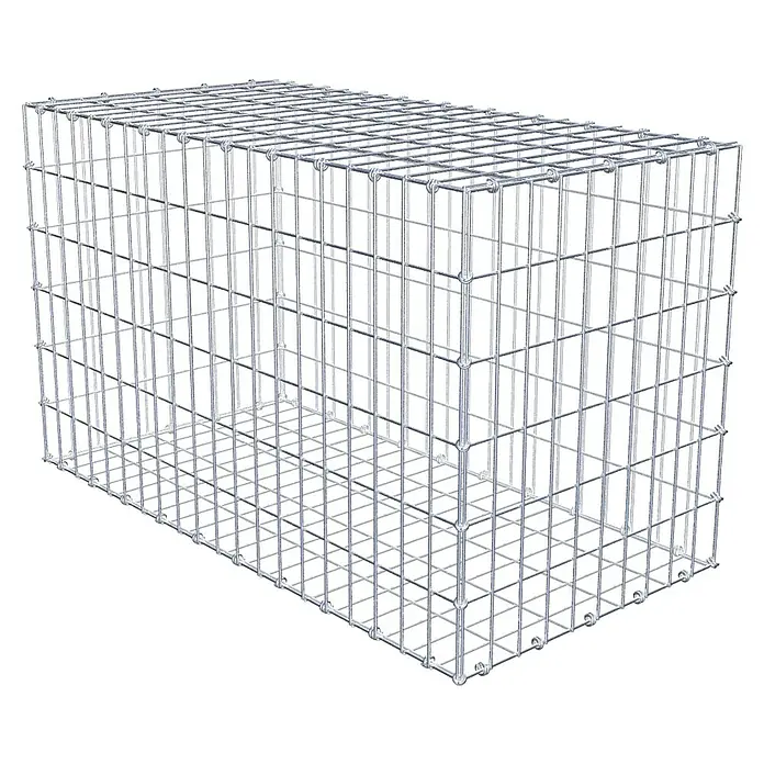 Gabiona Gabione - 100 x 50 x 60 cm, Maschenbreite: 5 cm, Maschenhöhe: 10 cm - Das Bild zeigt einen Gabionenkorb aus Drahtgeflecht. Der Korb ist rechteckig und leer.