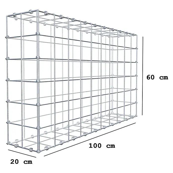 Gabiona Gabione - 100 x 20 x 60 cm, Maschenbreite: 10 cm, Maschenhöhe: 10 cm - Abbildung eines Gabionenkäfigs mit den Maßen 100x60x20 cm, ideal für Garten- und Landschaftsbauprojekte.