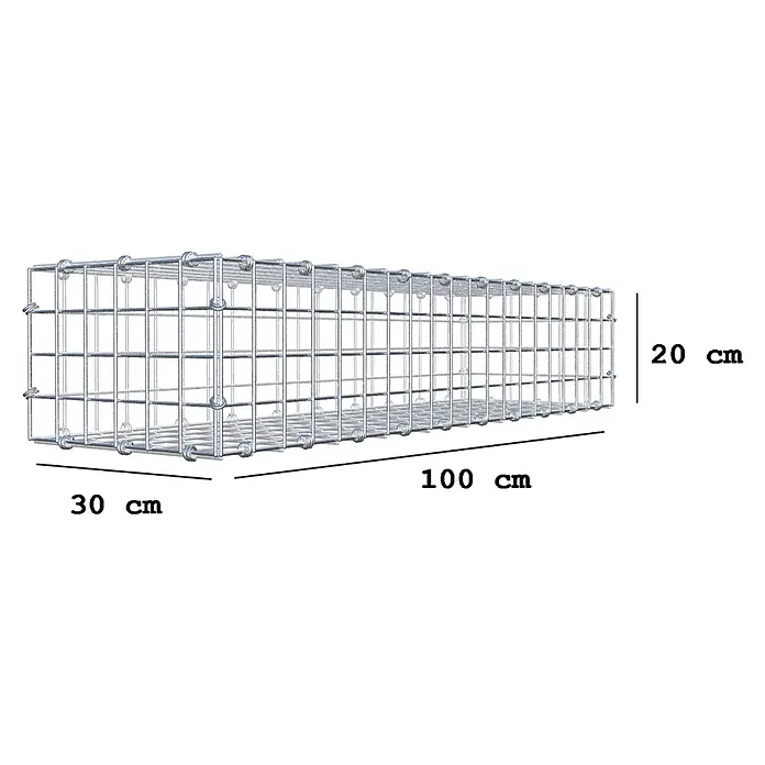 Gabiona Gabione - 100 x 30 x 20 cm, Maschenbreite: 5 cm, Maschenhöhe: 5 cm - Draufsicht eines Gabionenkorbs aus Metalldraht mit den Maßen 100 cm Länge, 30 cm Breite und 20 cm Höhe zur dekorativen Gartengestaltung.