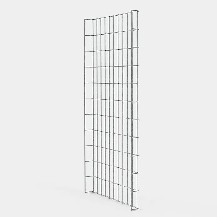 Gabiona Rankgitter - L x B x H: 53 x 5 x 110 cm, Silber, Stahl, Maschenbreite: 5 cm, Maschenhöhe: 10 cm - Nahaufnahme eines Gabionenkorbs, der eine robuste und zuverlässige Lösung für Landschaftsbau und Bauprojekte bietet.