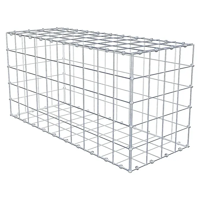 Gabiona Gabione - 100 x 40 x 50 cm, Maschenbreite: 10 cm, Maschenhöhe: 10 cm - Nahaufnahme eines Gabionenkorbs aus Drahtgeflecht, der für den Bau von Stützmauern und Landschaftsbau verwendet wird.