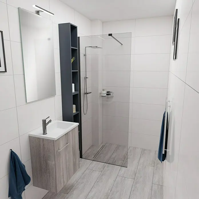 Camargue Espacio Badmöbel-Set F7 - 70 cm, Faro - Ein modernes Badezimmer mit einem Waschtisch in Holzoptik, einem Spiegel und einer begehbaren Dusche mit klaren Glaswänden.