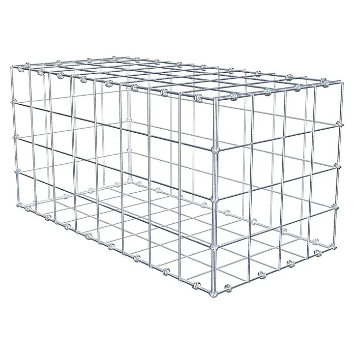 Gabiona Gabione - 80 x 40 x 40 cm, Maschenbreite: 10 cm, Maschenhöhe: 10 cm - Ansicht eines Gabionen-Drahtkorbs, der zur Stützmauer- oder Landschaftsgestaltung verwendet wird. Der Drahtkorb ist leer und bereit zur Befüllung.