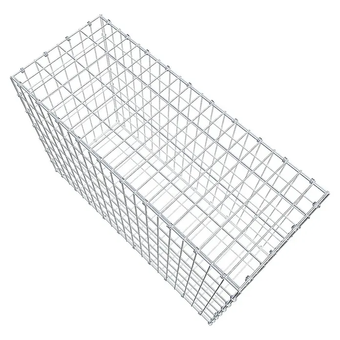 Gabiona Gabione - 100 x 40 x 70 cm, Maschenbreite: 5 cm, Maschenhöhe: 10 cm - Das Bild zeigt einen Gabionenkorb aus Metalldraht, der leer und bereit zur Befüllung ist. Die Gitterstruktur ist gut erkennbar.