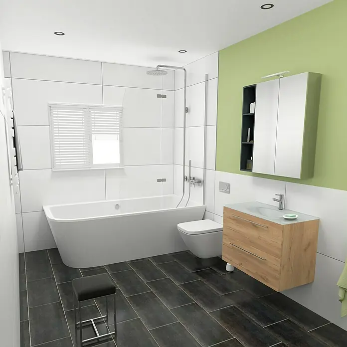 Camargue Espacio Badmöbel-Set G66 - 80 cm, Doce - Modernes Badezimmer mit Badewanne, Toilette, Waschtisch und Spiegel. Die Fliesen sind weiß und grau, die Wand ist grün.