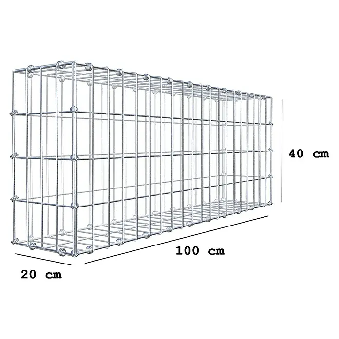 Gabiona Gabione - 100 x 20 x 40 cm, Maschenbreite: 5 cm, Maschenhöhe: 10 cm - Abbildung eines Drahtkorbs mit den Maßen 100 cm Länge, 20 cm Breite und 40 cm Höhe.