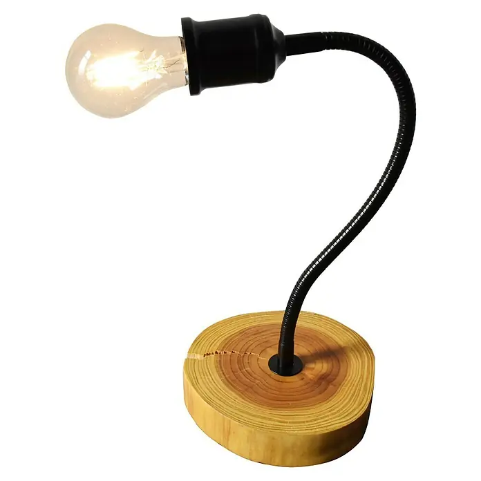 Tween Light Lámpara de sobremesa Broni - 40 W, Negro/Marrón, E27 - Primer plano de una lámpara de escritorio con base de madera y brazo flexible negro que sostiene una bombilla.
