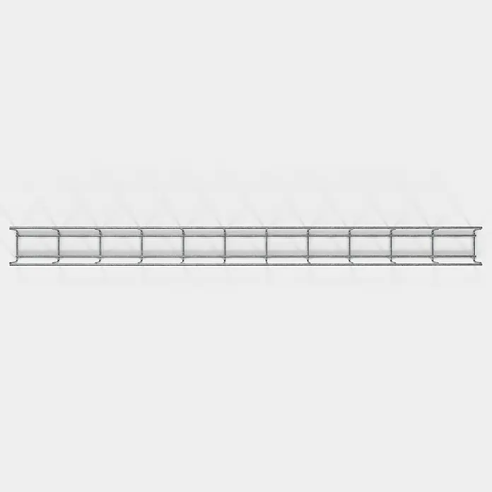 Gabiona Rankgitter - L x B x H: 8 x 5 x 110 cm, Silber, Stahl, Maschenbreite: 5 cm, Maschenhöhe: 10 cm - Nahaufnahme einer grauen Kabelrinne, die sich horizontal über einen weißen Hintergrund erstreckt und eine robuste Kabelführungslösung darstellt.
