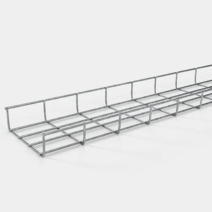 Gabiona Kabelkanal - 18 x 5 x 110 cm, Silber - Nahaufnahme eines Drahtgitter-Kabelkanals, der für die sichere und ordentliche Kabelführung in Industrie- und Gewerbeumgebungen sorgt.