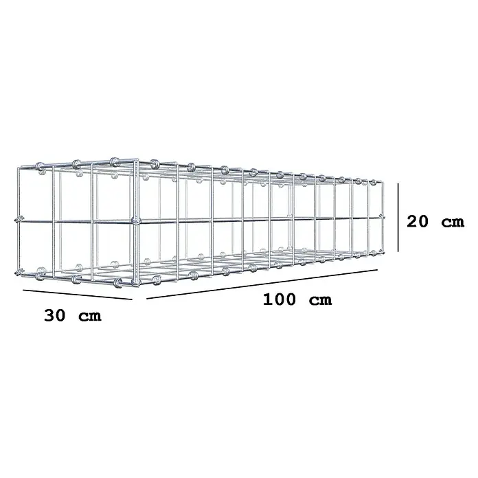Gabiona Gabione - 100 x 30 x 20 cm, Maschenbreite: 10 cm, Maschenhöhe: 10 cm - Abbildung eines rechteckigen Drahtkäfigs mit den Maßen 100 cm x 30 cm x 20 cm, der sich ideal für verschiedene Anwendungen eignet.