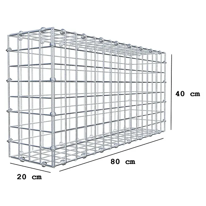 Gabiona Gabione - 80 x 20 x 40 cm, Maschenbreite: 5 cm, Maschenhöhe: 5 cm - Abbildung eines Gabionenkorbs mit den Maßen 80x40x20 cm zur Verwendung im Garten- und Landschaftsbau.