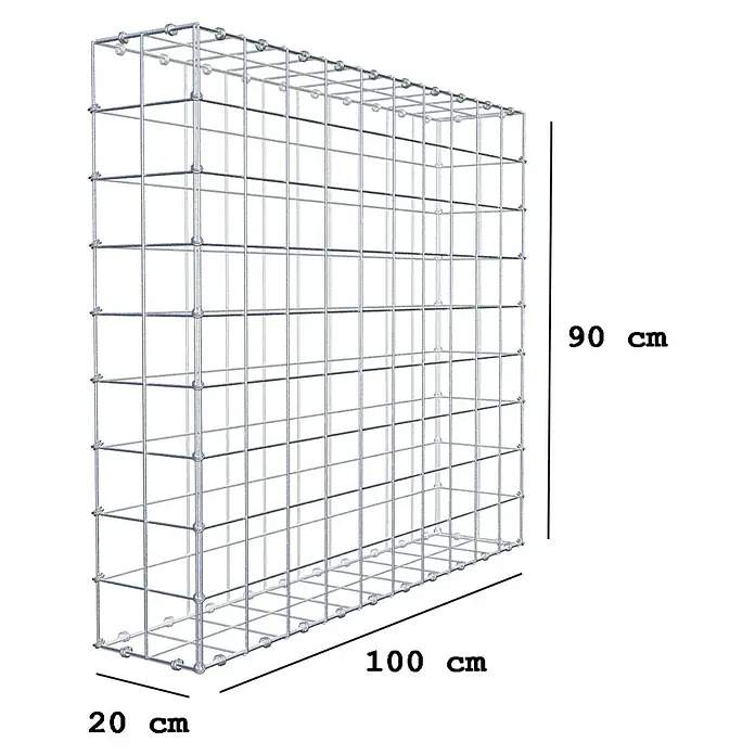 Gabiona Gabione - 100 x 20 x 90 cm, Maschenbreite: 10 cm, Maschenhöhe: 10 cm - Abbildung eines Gabionenkorbs mit den Maßen 90 cm Höhe, 100 cm Länge und 20 cm Breite.