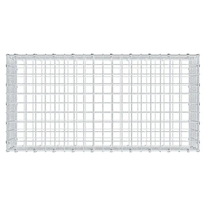 Gabiona Gabione - 100 x 50 x 30 cm, Maschenbreite: 5 cm, Maschenhöhe: 5 cm - Das Bild zeigt einen Gabionenkorb, eine Drahtgitterstruktur, die zur Befüllung mit Steinen oder Erde verwendet wird. Der Korb ist leer und rechteckig.