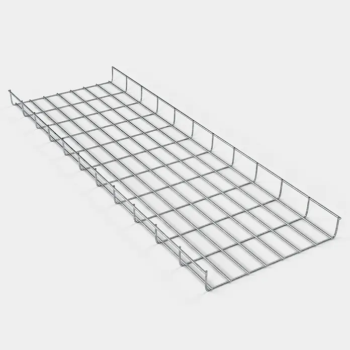 Gabiona Kabelkanal - 38 x 5 x 110 cm, Silber - Draufsicht einer rechteckigen Kabelrinne aus Metalldrahtgeflecht, ideal für die Organisation von Kabeln in Büro- oder Industrieumgebungen.