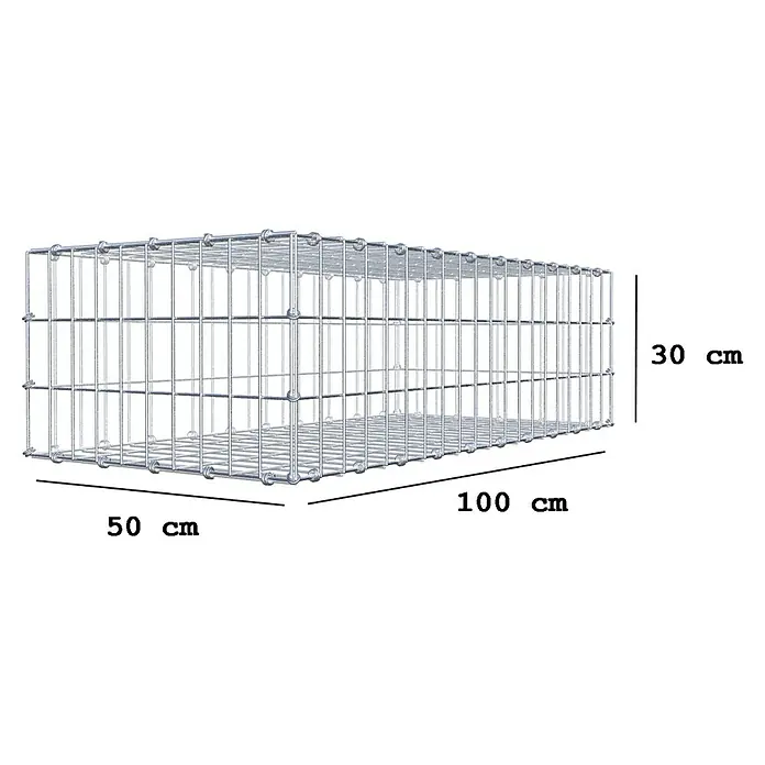Gabiona Gabione - 100 x 50 x 30 cm, Maschenbreite: 5 cm, Maschenhöhe: 10 cm - Abbildung eines Gabionenkorbs mit den Maßen 100 cm Länge, 50 cm Breite und 30 cm Höhe, ideal für Garten- und Landschaftsbau.