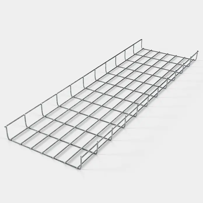 Gabiona Rankgitter - L x B x H: 33 x 5 x 110 cm, Silber, Stahl, Maschenbreite: 5 cm, Maschenhöhe: 10 cm - Draufsicht auf eine Kabelrinne aus Metalldrahtgeflecht, ideal für die übersichtliche und sichere Kabelführung in Industrie und Gewerbe.