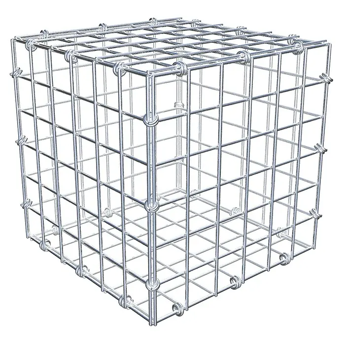 Gabiona Gabione - 30 x 30 x 30 cm, Maschenbreite: 5 cm, Maschenhöhe: 5 cm - Bild eines Gabionenkorbs aus Drahtgeflecht. Der Metallkorb hat eine würfelförmige Form und ist für Steinfüllungen im Gartenbau konzipiert.