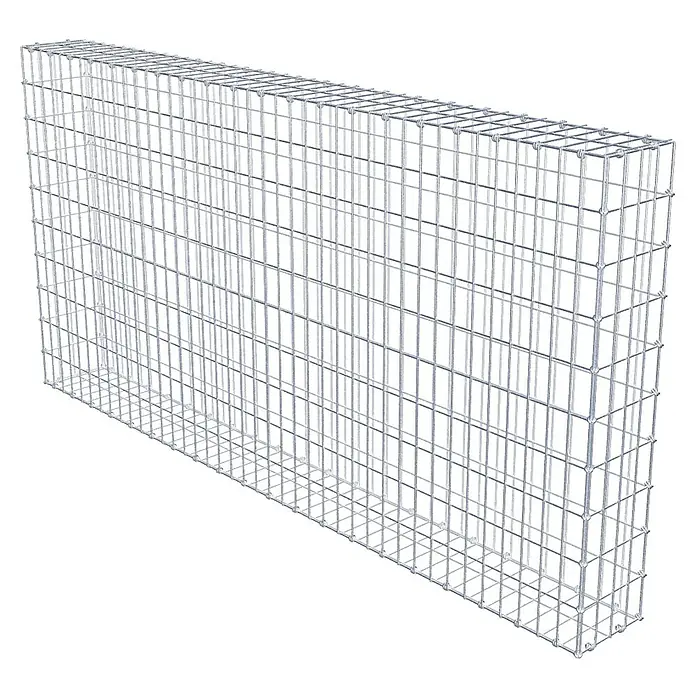 Gabiona Gabione - 200 x 20 x 100 cm, Maschenbreite: 5 cm, Maschenhöhe: 10 cm - Draufsicht auf einen leeren Gabionenkorb aus silberfarbenem Metalldraht mit rechteckiger Form vor einem schwarzen Hintergrund.
