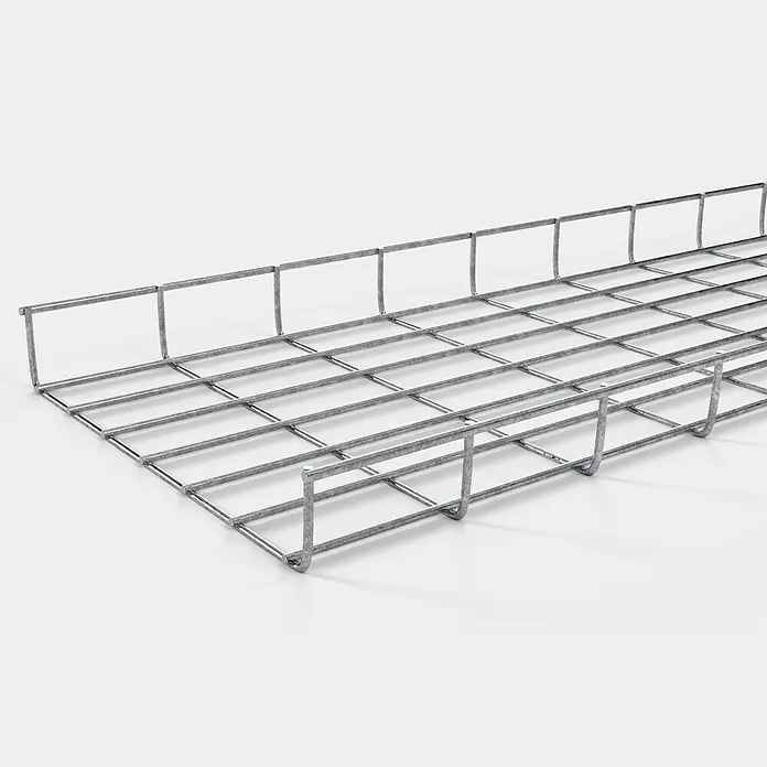 Gabiona Rankgitter - L x B x H: 33 x 5 x 110 cm, Silber, Stahl, Maschenbreite: 5 cm, Maschenhöhe: 10 cm - Draufsicht eines Kabelträgers aus Drahtgeflecht auf neutralem Hintergrund. Das Produkt ist eine praktische Lösung für das Kabelmanagement.