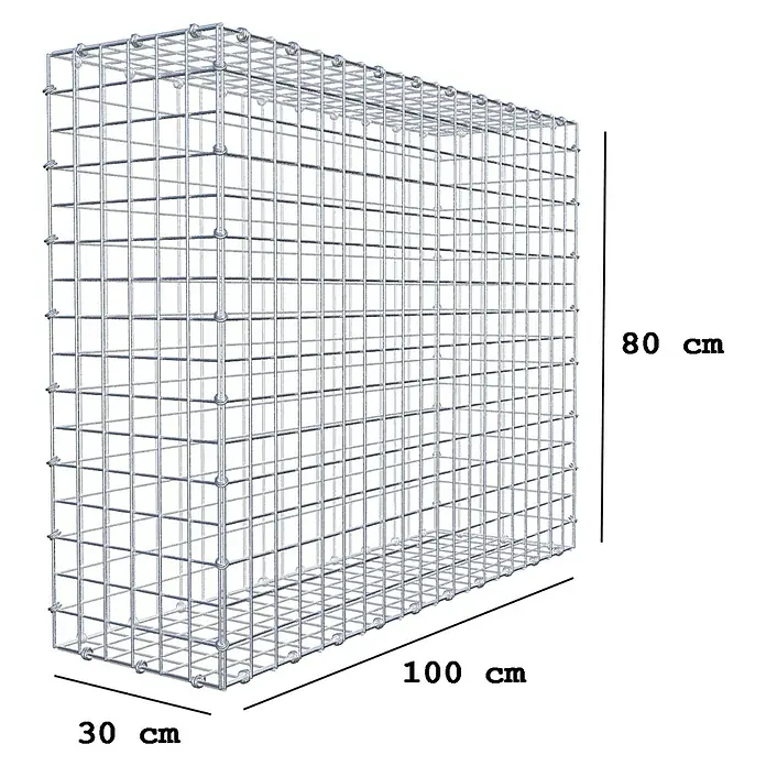 Gabiona Gabione - 100 x 30 x 80 cm, Maschenbreite: 5 cm, Maschenhöhe: 5 cm - Bild einer Gabione, einem Drahtkorb, der mit Steinen gefüllt werden kann, mit den Maßen 80 x 100 x 30 cm.