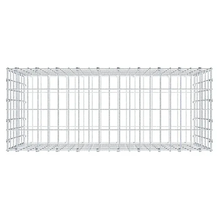 Gabiona Gabione - 100 x 40 x 60 cm, Maschenbreite: 5 cm, Maschenhöhe: 10 cm - Nahaufnahme eines rechteckigen, silbernen Drahtkäfigs, der robust und sicher für den Transport oder die Unterbringung von Tieren konzipiert ist.